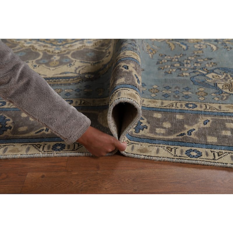 Geometric Blue Tabriz Persian Rug Traditional Hand-Knotted Wool Carpet - 6'7"x 9'9"