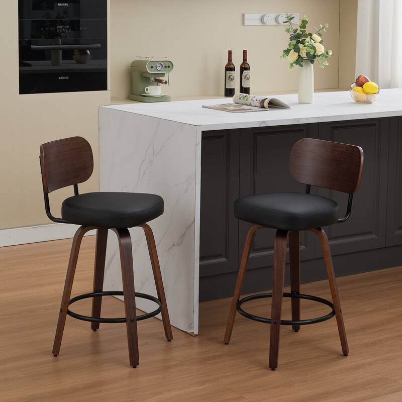 Swivel Bar Stools Set of 2, 26" Upholstered Faux Leather Counter Height Barstools with Walnut Back & Bentwood Legs