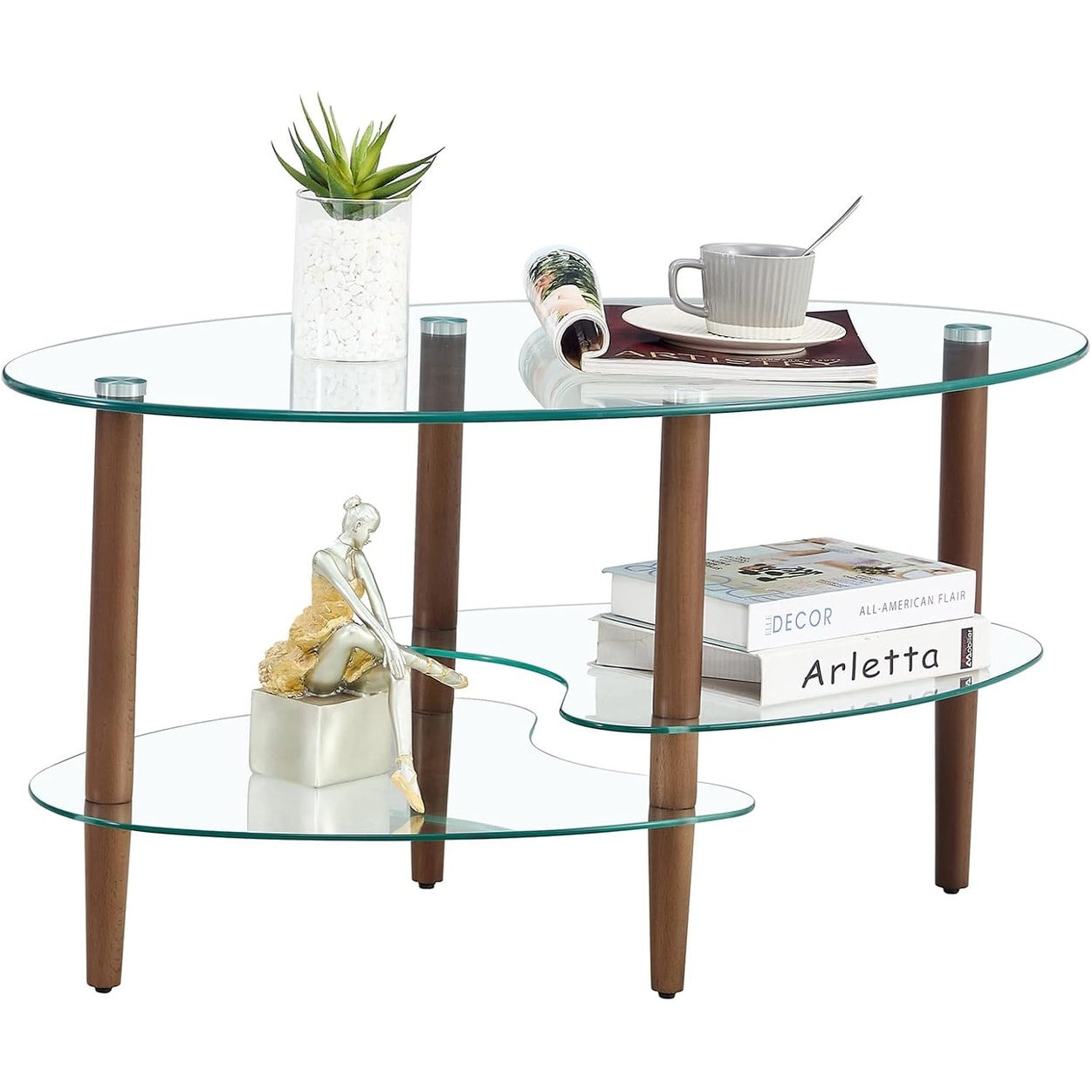 Oval Tempered Glass Coffee Table with 3-Layer Storage and Oak Wood Legs, Modern End Table for Living Room, Bedroom, Office Decor