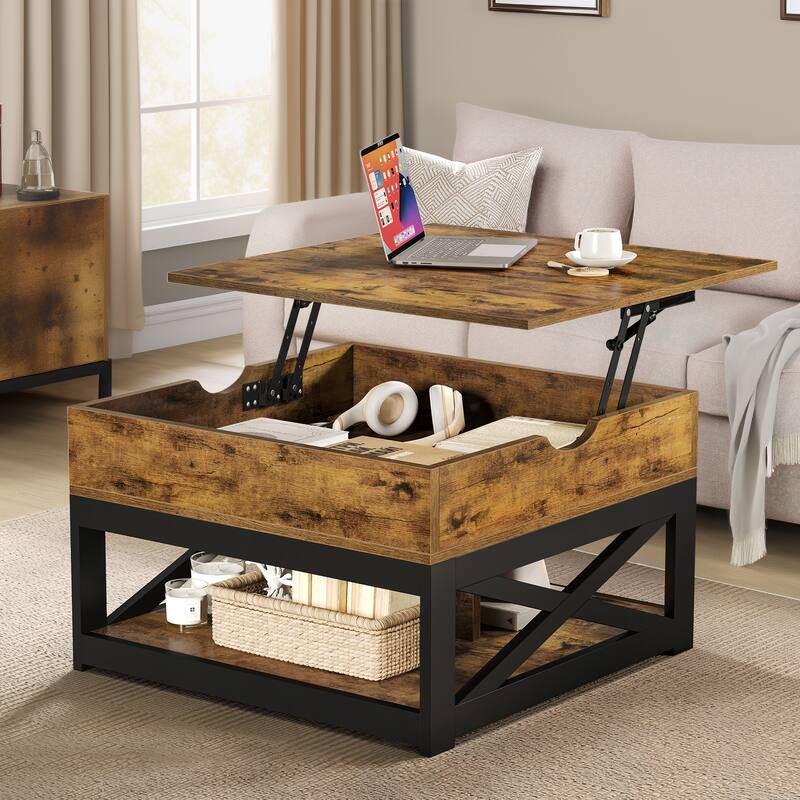 Moasis Farmhouse Square Lift Top Coffee Table with Storage Shelf for Living Room - Brown/Lift Top