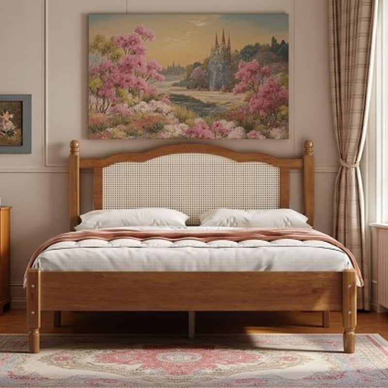 Queen Platform Bed Frame with Woven Rattan Headboard, White Wood Design with Slatted Support, Minimalist Boho Coastal Style - Brown