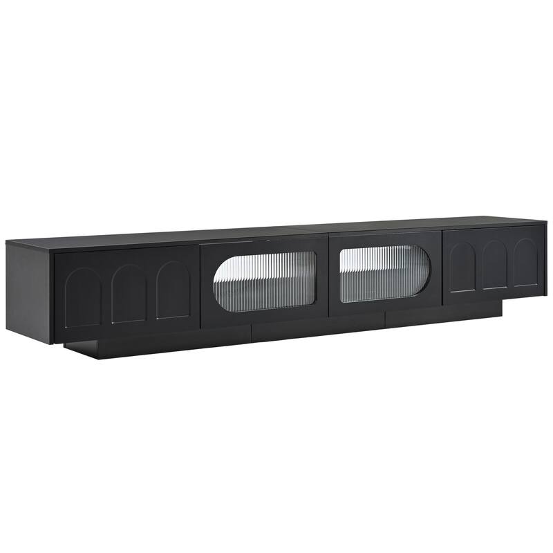 TV Stand with Fluted Glass Doors for TVs Up to 95'', Media Console with Arched Cabinet Doors, LED Light, White.