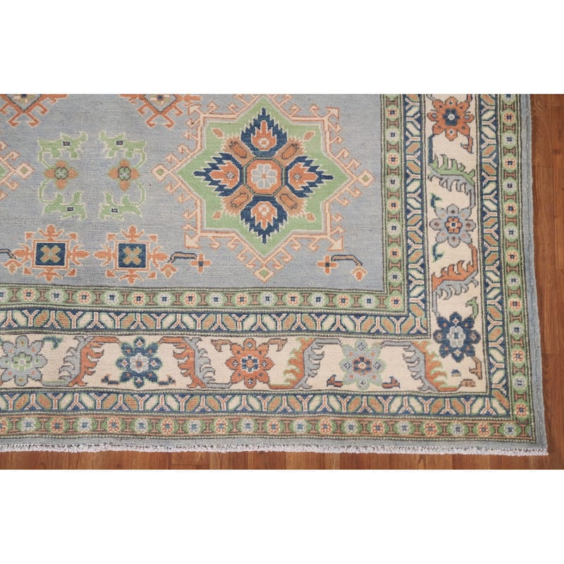 Hand Knotted Oriental 100% Wool Carpet Traditional Geometric Greys & Charcoal Kazak Area Rug - 9' 10'' X 6' 10''