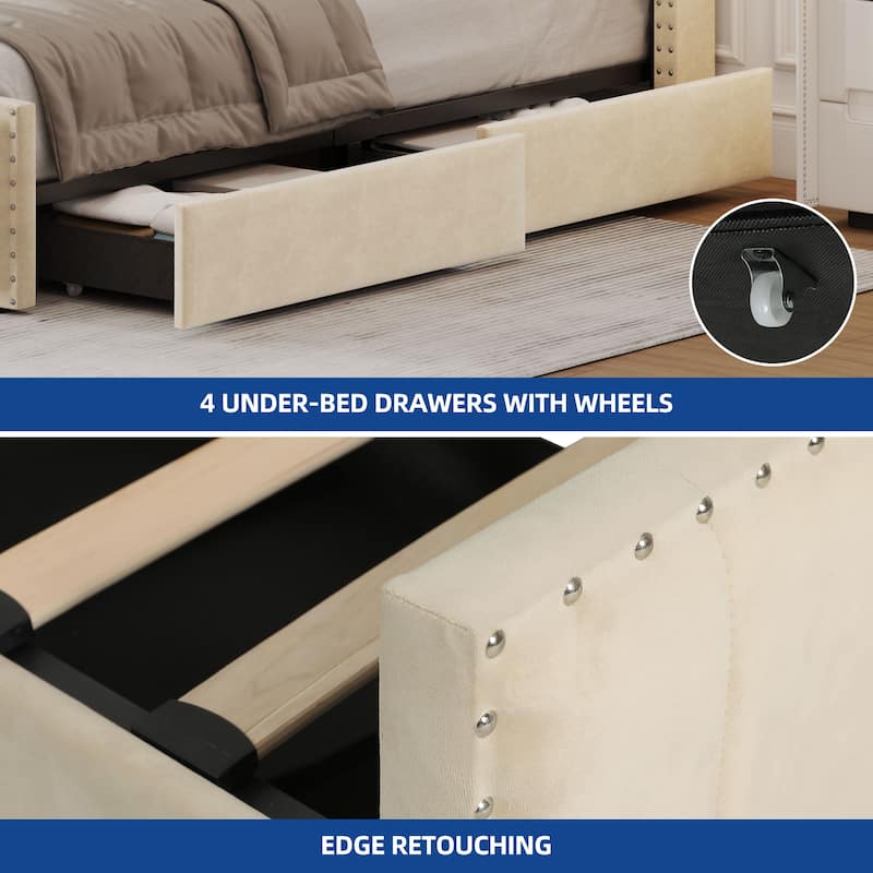 Moasis Full/Queen/King Velvet Upholstered Platform Bed Bedframe with Charging Station and 4 Storage Drawers