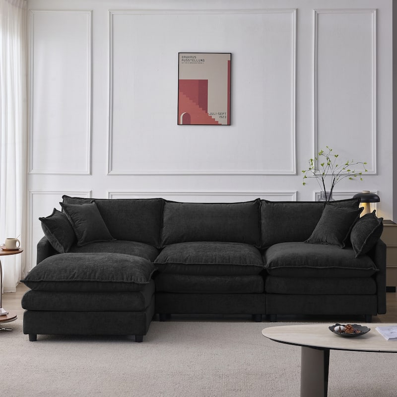 Upholstered Soft Chenille Fabric Sofa,3 Seater with Ottoman L Shape Sofa