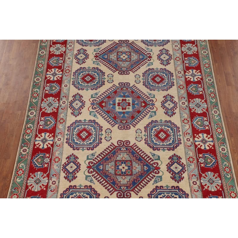 Geometric Kazak Oriental Area Rug Hand-Knotted Dining Room Wool Carpet - 6'7" x 9'9"