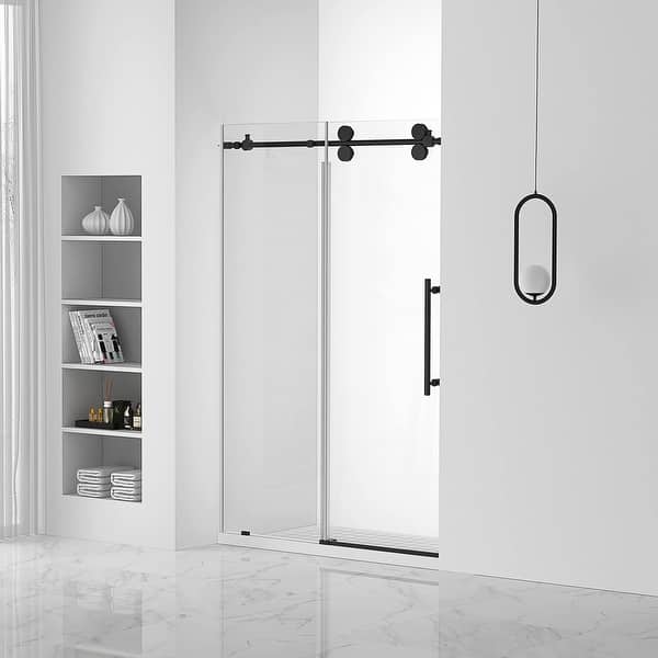 slide 2 of 14, Fine Fixtures Frameless Clear Sliding Shower Door With Tempered Glass - Shower Bathroom Door 48 Inch - Black