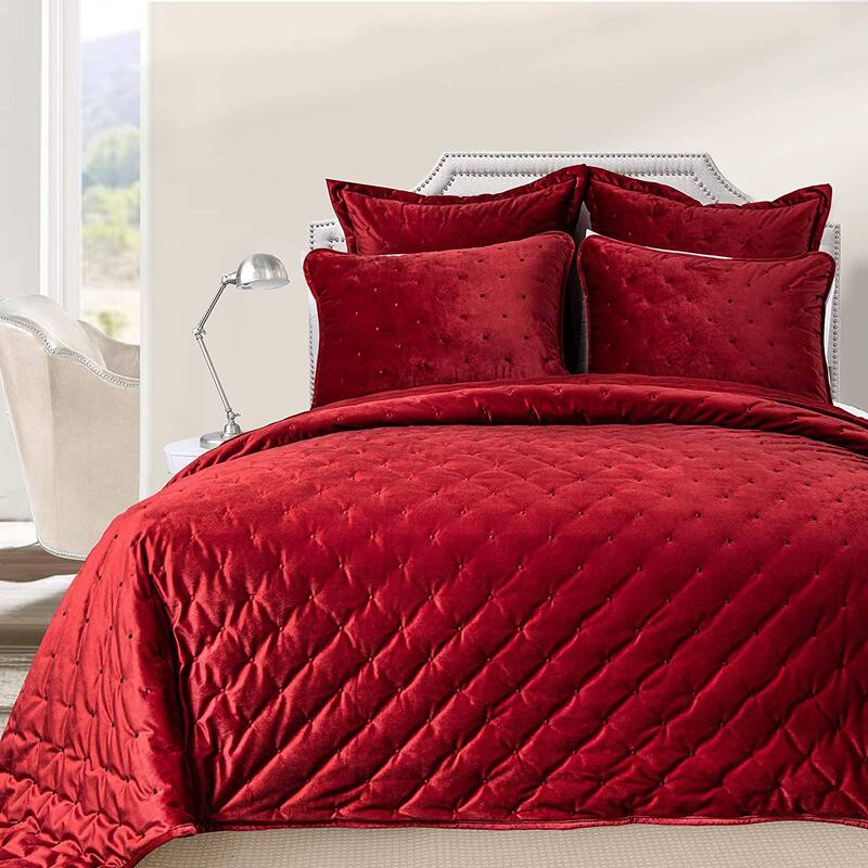DriftAway 3 Piece Velvet Quilt Set Bedspreads Coverlets Cover Prewashed - King - Red