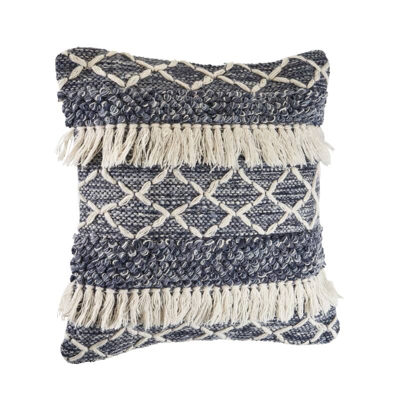 20" Navy Blue and Off White Textured with Fringe Square Throw Pillow