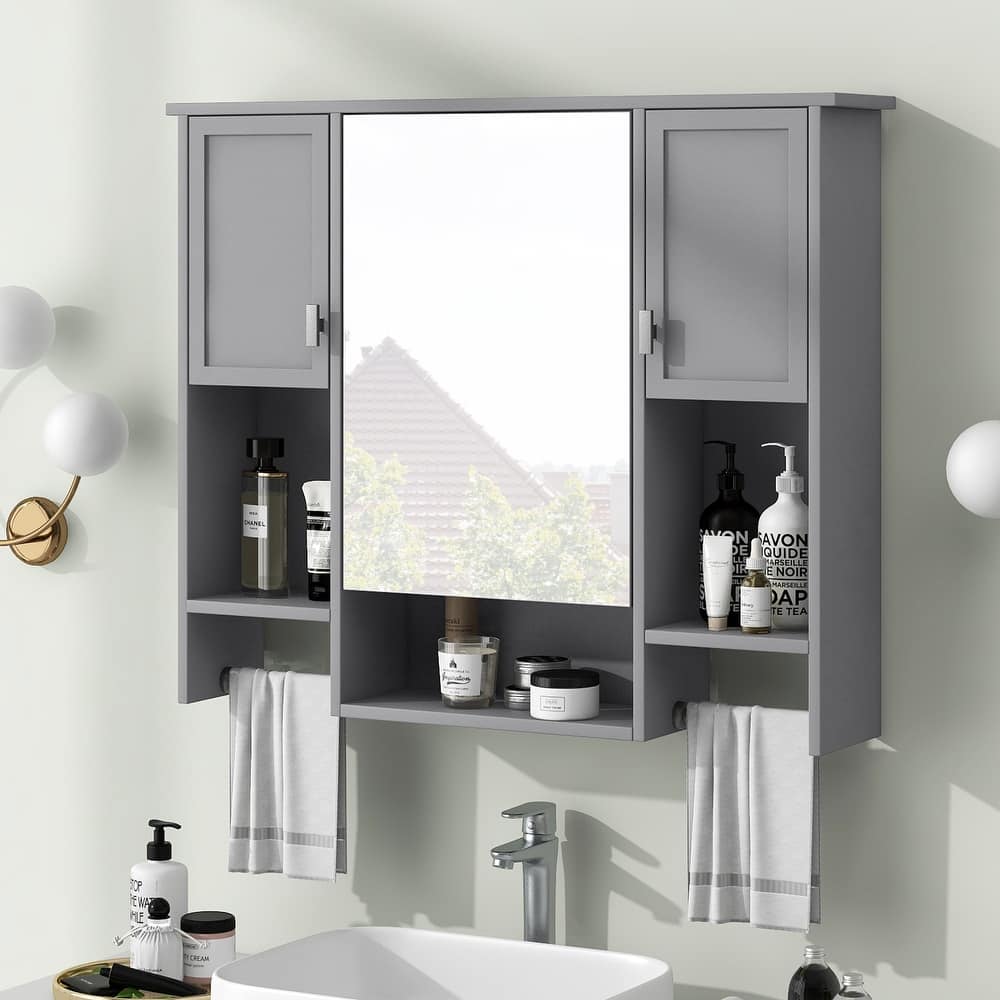 GDFStudio - Auburn Modern Wall-Mounted Bathroom Storage Cabinet with Mirror and Towels Bar - 35'' x 28''
