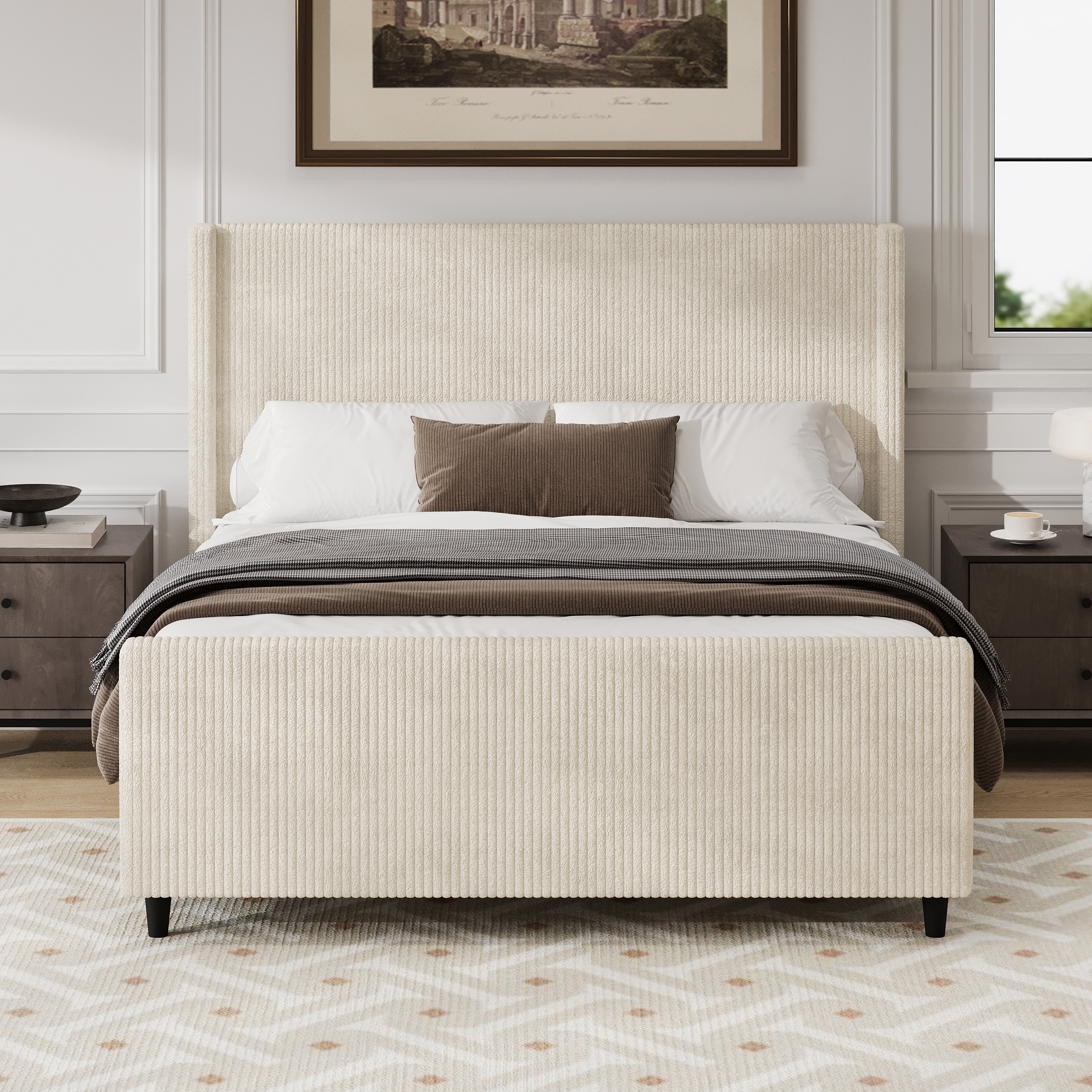 50.7" High Headboard Corduroy Bed Frame with Vertical Stripe Wingback & High Footboard