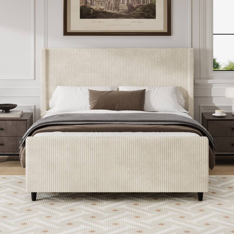 50.7" High Headboard Corduroy Bed Frame with Vertical Stripe Wingback & High Footboard - Cream - Queen