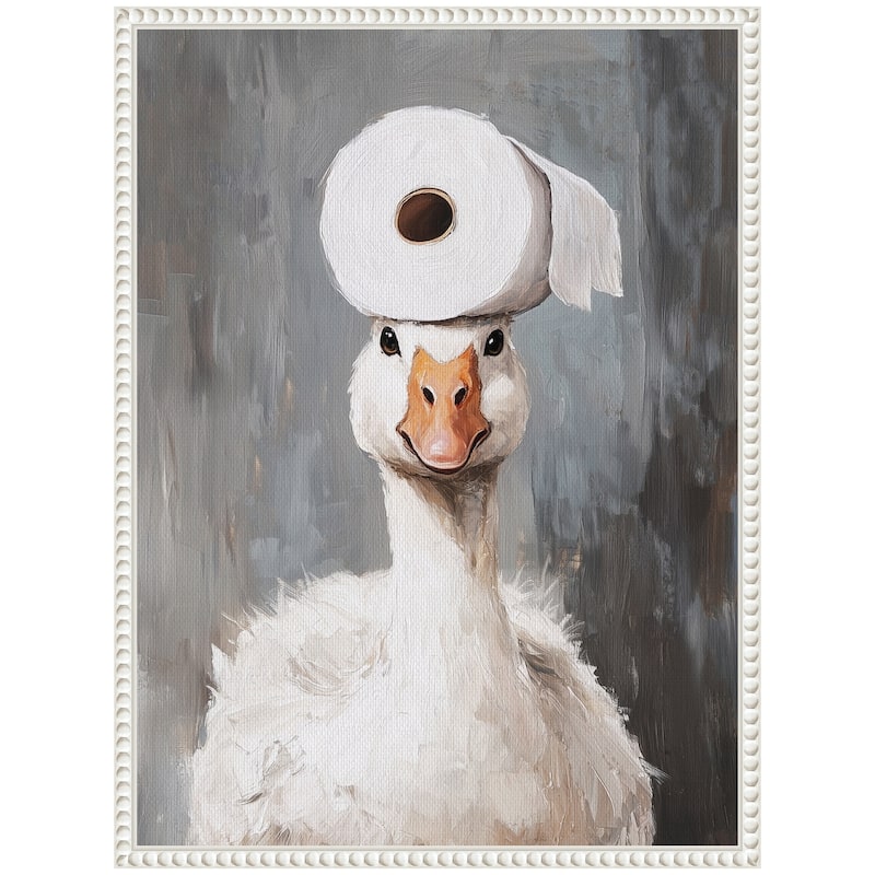 Kate and Laurel Sylvie Toilet Paper Roll on Cute Goose Head Bathroom Art Framed Canvas by The Creative Bunch Studio