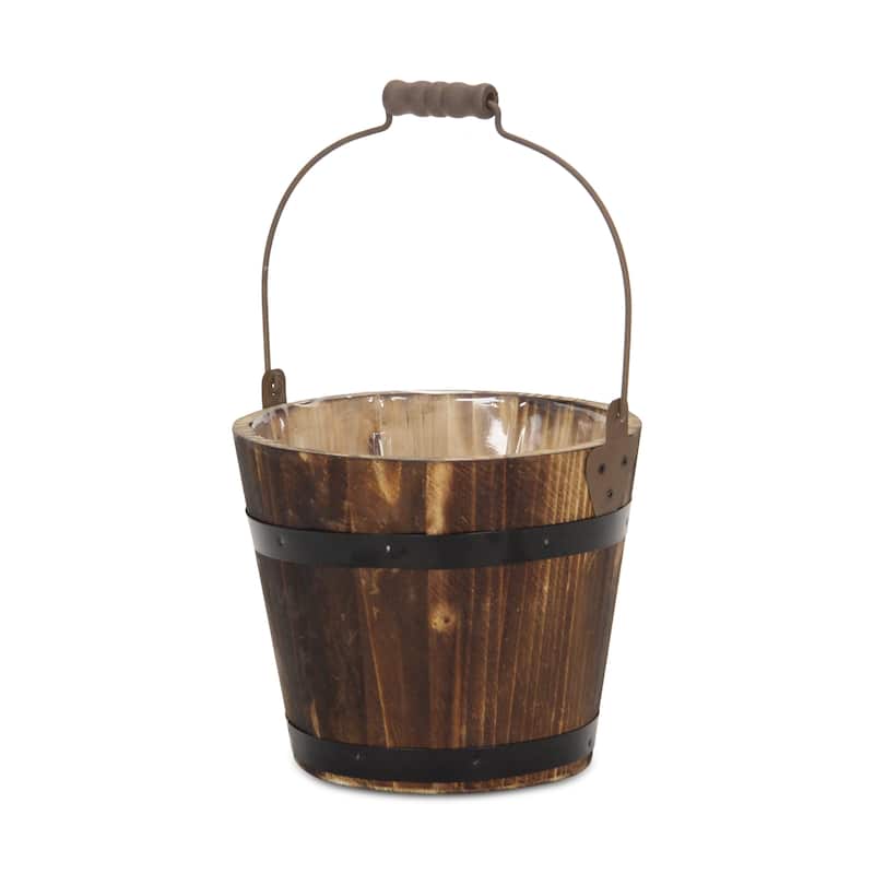 HomeRoots Brown Wood 100 Ounce Round Distressed Bucket Planter - 6.75 in. x 5.75 in. x 6.75 in.