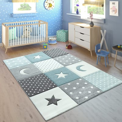 Kids Rug for Nursery with Dots Moons And Stars In Blue Pastel Colors
