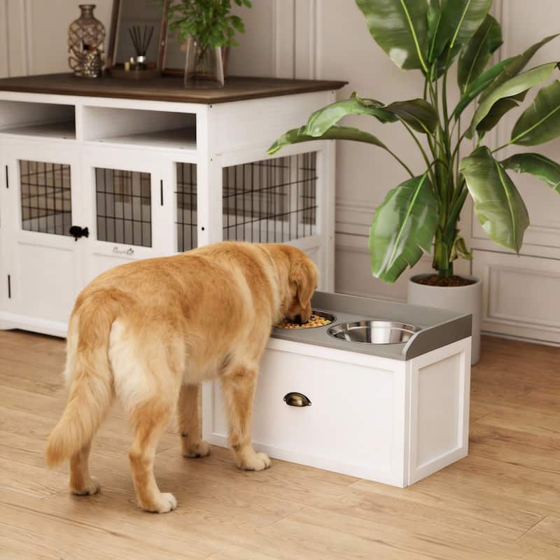 PawHut Dog Feeding Station with Storage Drawer, Removable Elevated Dog Bowls for Large Sized Dogs, White and Black