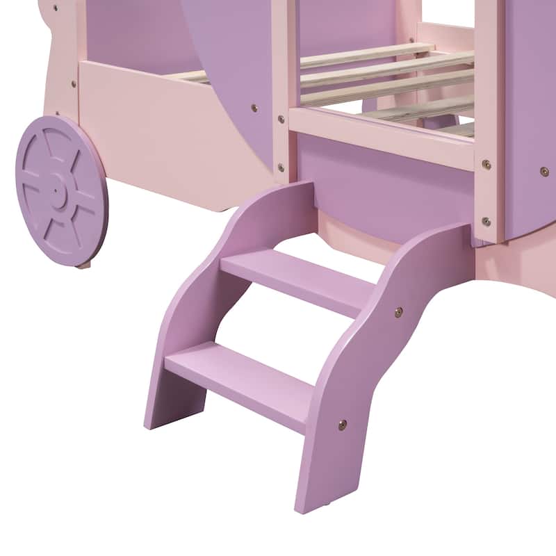 Twin Size Princess Carriage Bed with Crown and Wheels, Solid Wood Car Shaped Bed Frame with Stair