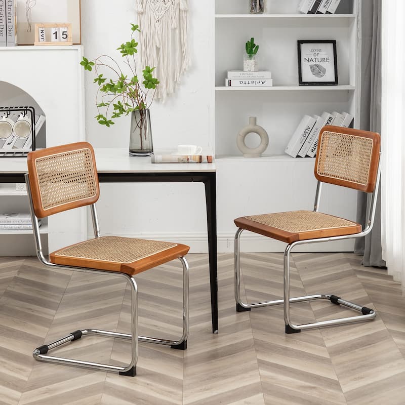 Rattan Dining Chairs Set of 2 Mid Century Modern Dining Room Chairs with Natural Rattan Woven Backrest and Seat - Brown - Set of 2