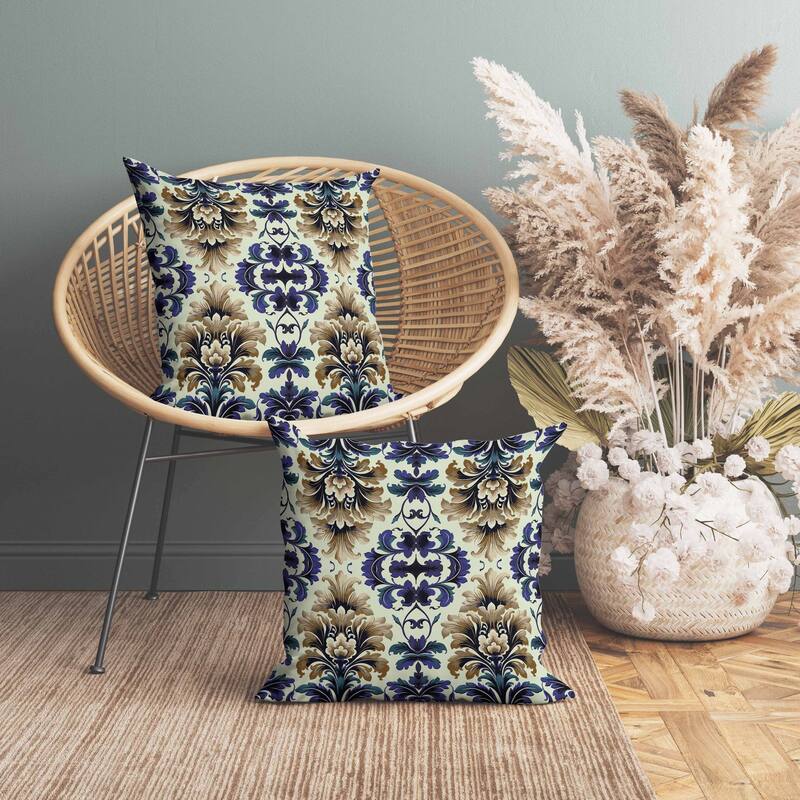 Damask Rapture Indoor/Outdoor Reversible Throw Pillow Blue and Beige