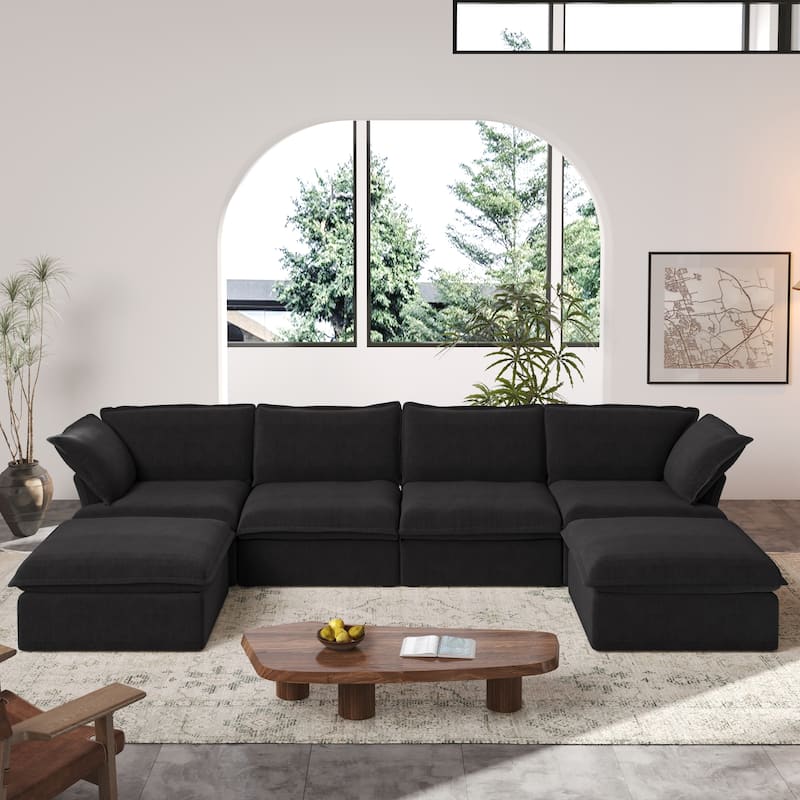 163" U-Shaped Convertible Modular Sectional Sofa, Down Filled Comfort Overstuffed Upholstered - Black