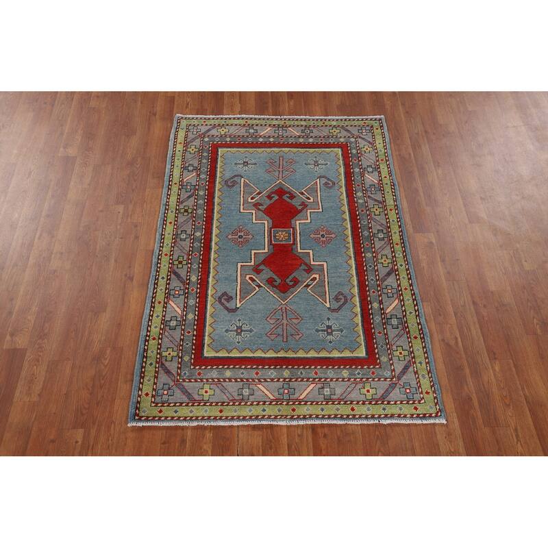 Light Blue Geometric Kazak Foyer Rug Hand-Knotted Wool Carpet - 3'6" x 5'3"