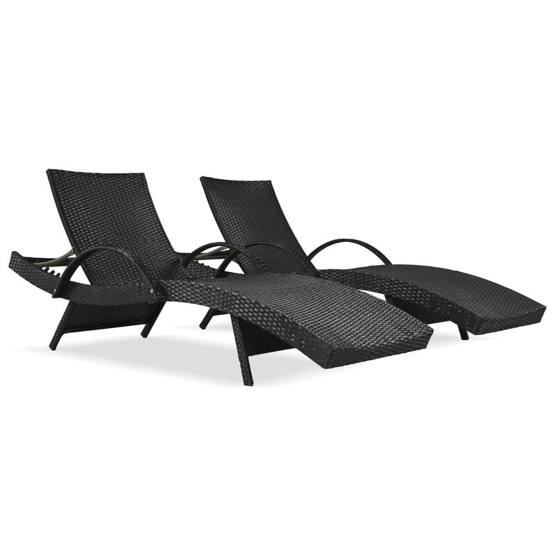 2 Pcs Outdoor Curved Wicker Chaise Lounge Chair, Reclining Chairs with Pull-Out Side Table & Adjustable Backrest