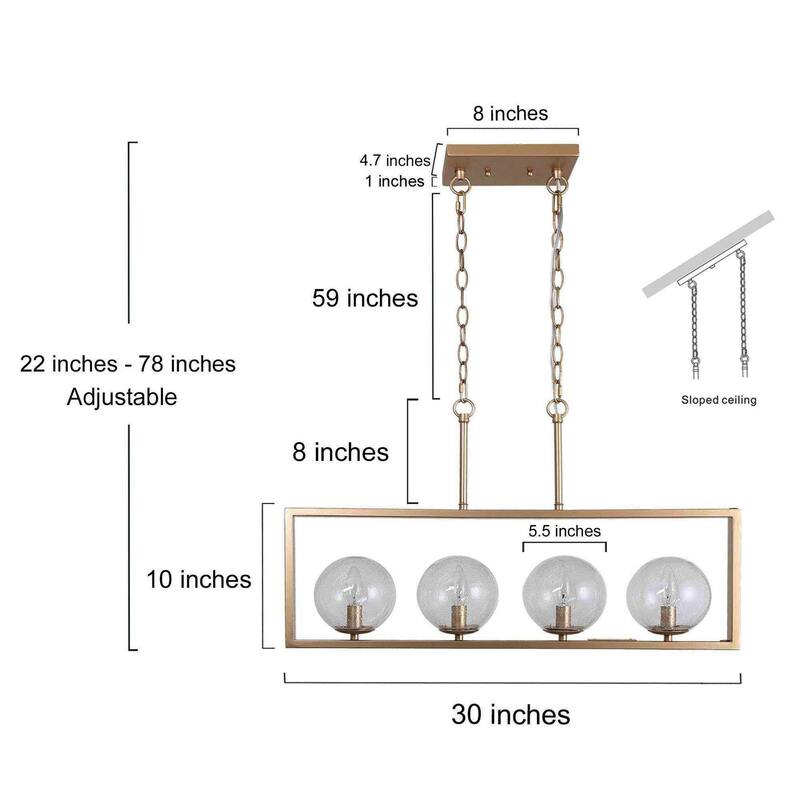 Modern Contemporary 4-Light Rectangle Chandeleir Transitional LED Dimmable Island light with Seeded Glass Globes