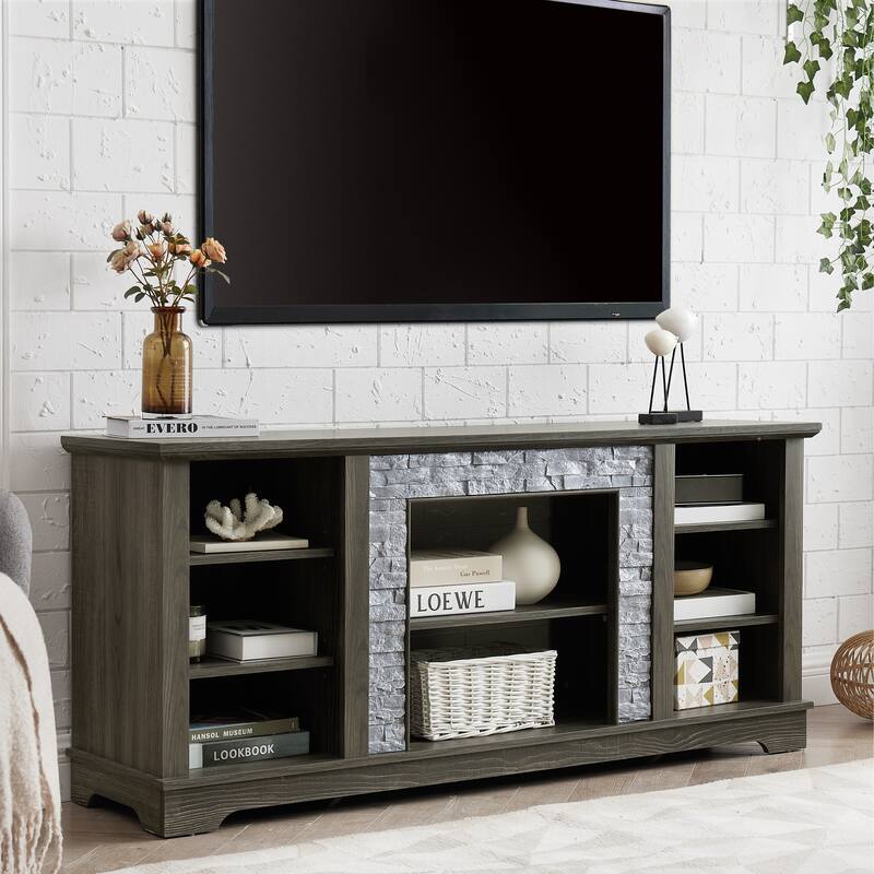 Anmytek Farmhouse TV Stand with Faux Stacked Stone Surround Accent Media Console for 60-69 inches TV Rustic Storage Cabinet