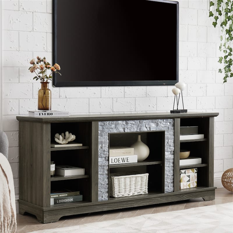 Classic White TV Stand with Faux Stacked Stone, Fits 65 TVs, 4 Adjustable Shelves, Cable Management