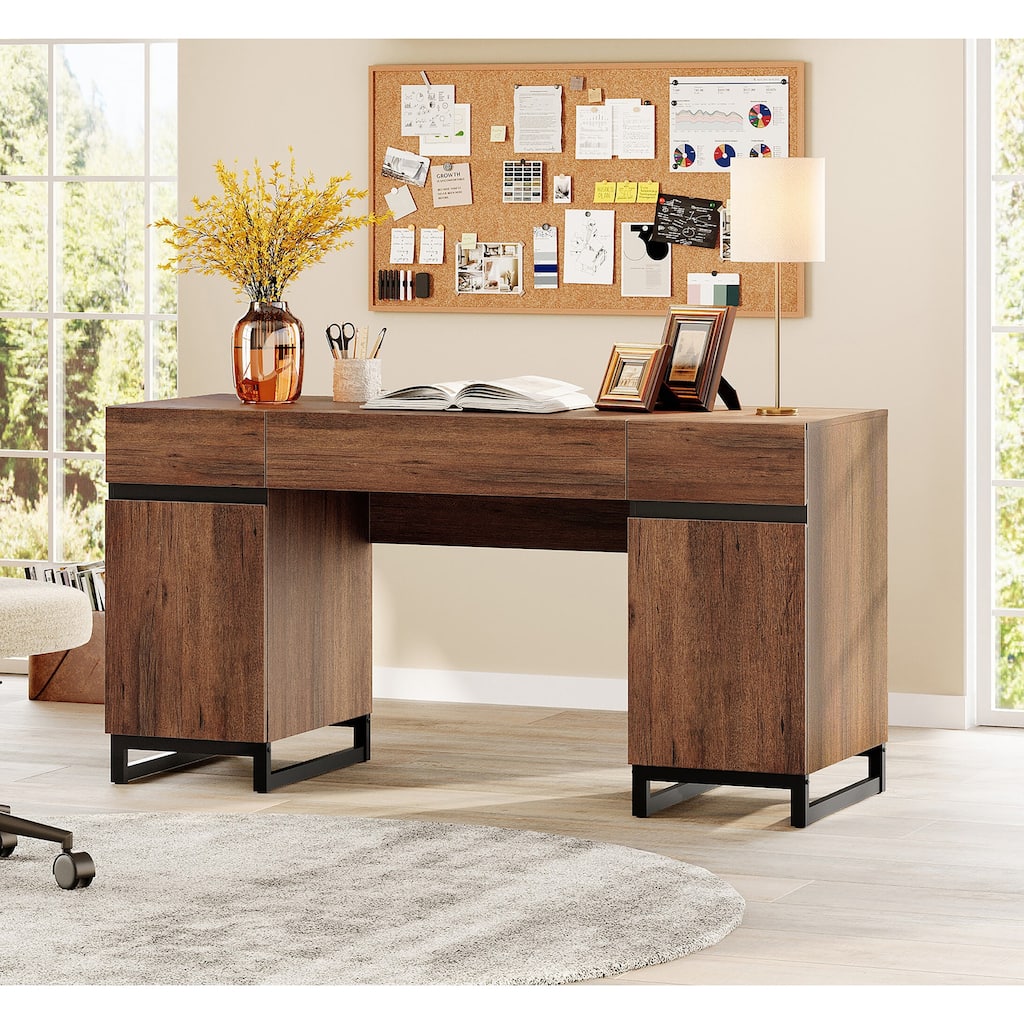 WAMPAT 59" Modern Executive Desk with Drawers, Home Office Computer Desk with Charging Station, File Drawer, Storage Cabinet.