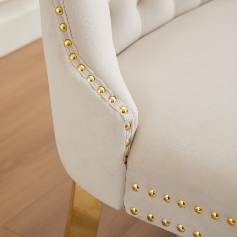 Velvet Double Dining Loveseat Bench, 2-Seat Tufted Bench w/Handmade Buttons, Wing Back, Gold-Plated Steel Legs, Single Pack