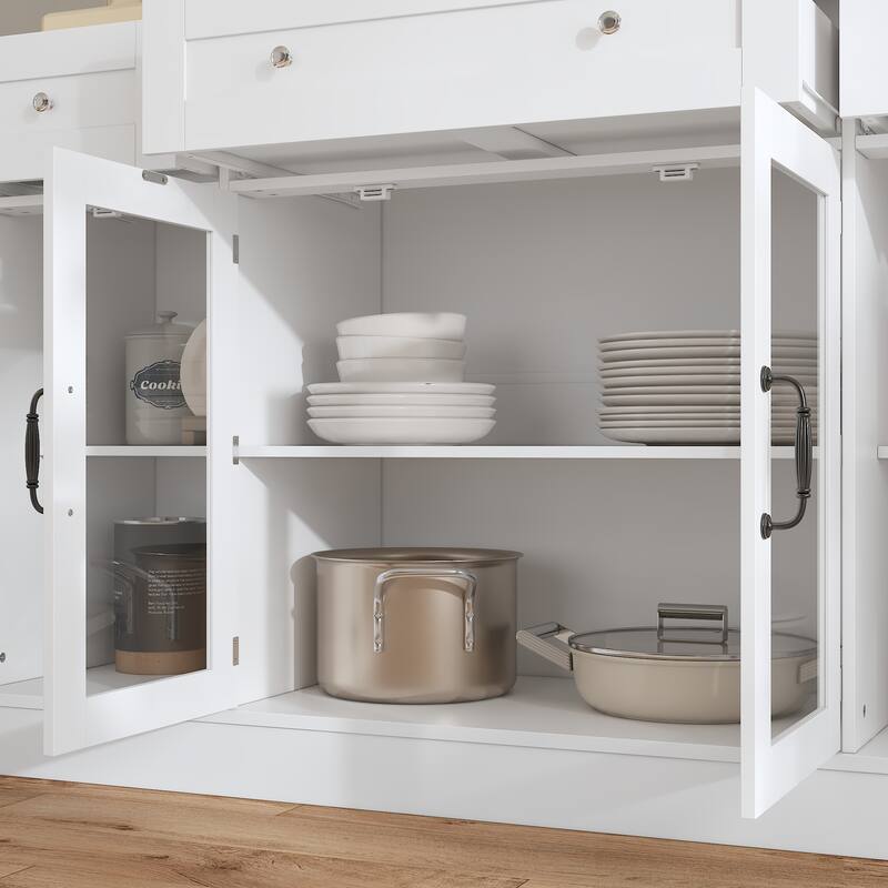 White Buffet Cabinet with 3 Drawers and 4 Doors, Glass Center Doors Sideboard