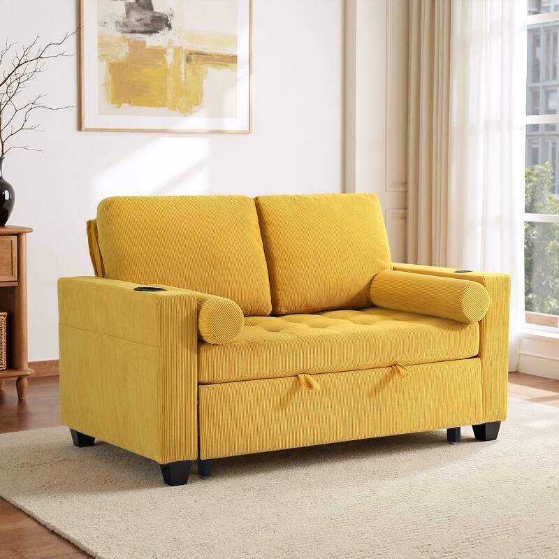 Corduroy Convertible Loveseat Sofa Bed Recliner with Cup Holder, USB Ports & Storage - Yellow