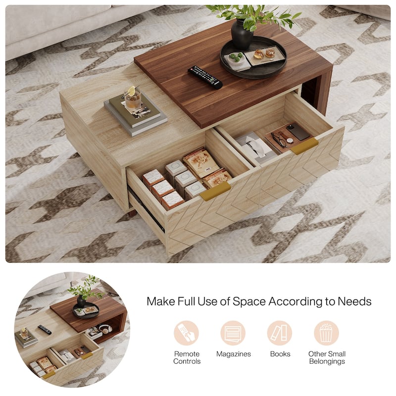 Extendable Coffee Table with 2-drawer and Wood Sliding Tabletop for Living Room