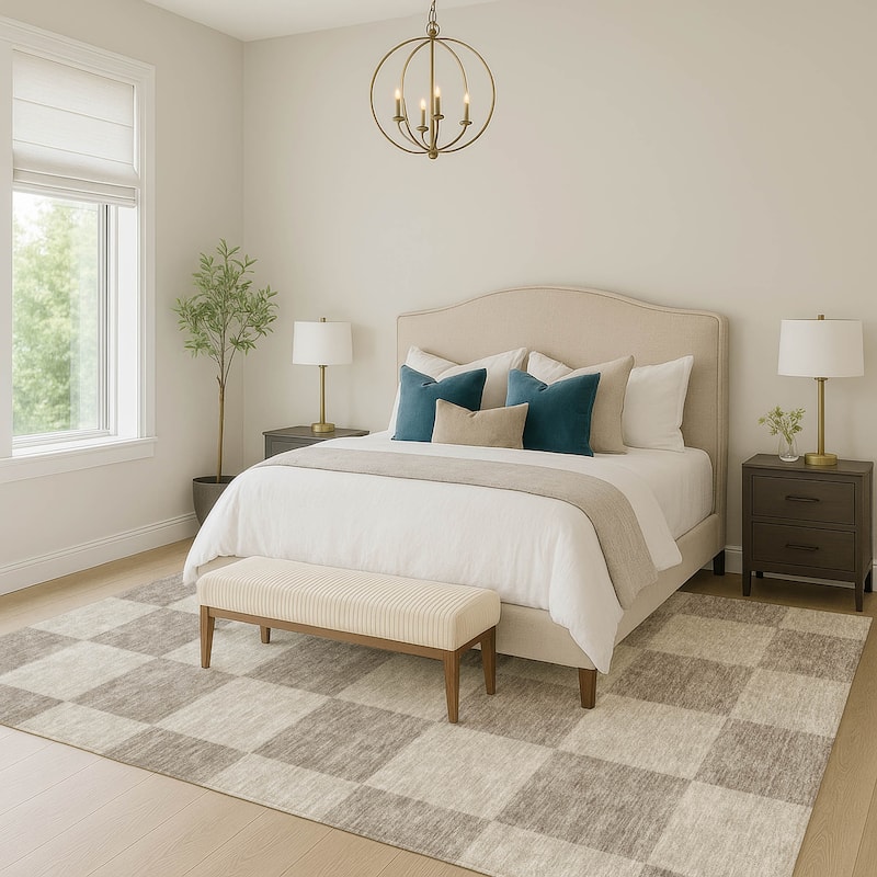 Machine Washable Indoor/ Outdoor Modern Checker Chantille Rug