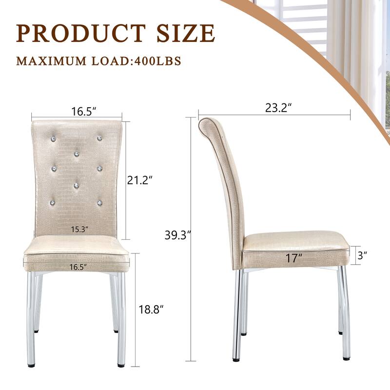 A set of 2 vintage crocodile leather cushioned dining chairs, featuring crystal clasp design and artificial leather design