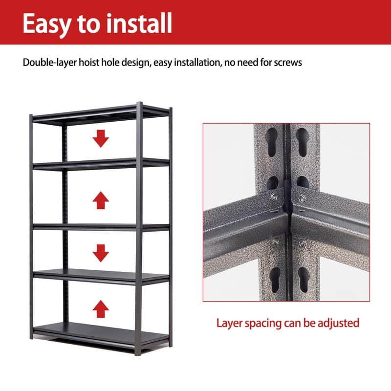 5-Tier Adjustable Heavy Duty Metal Storage Shelves, Black, 72/78"H