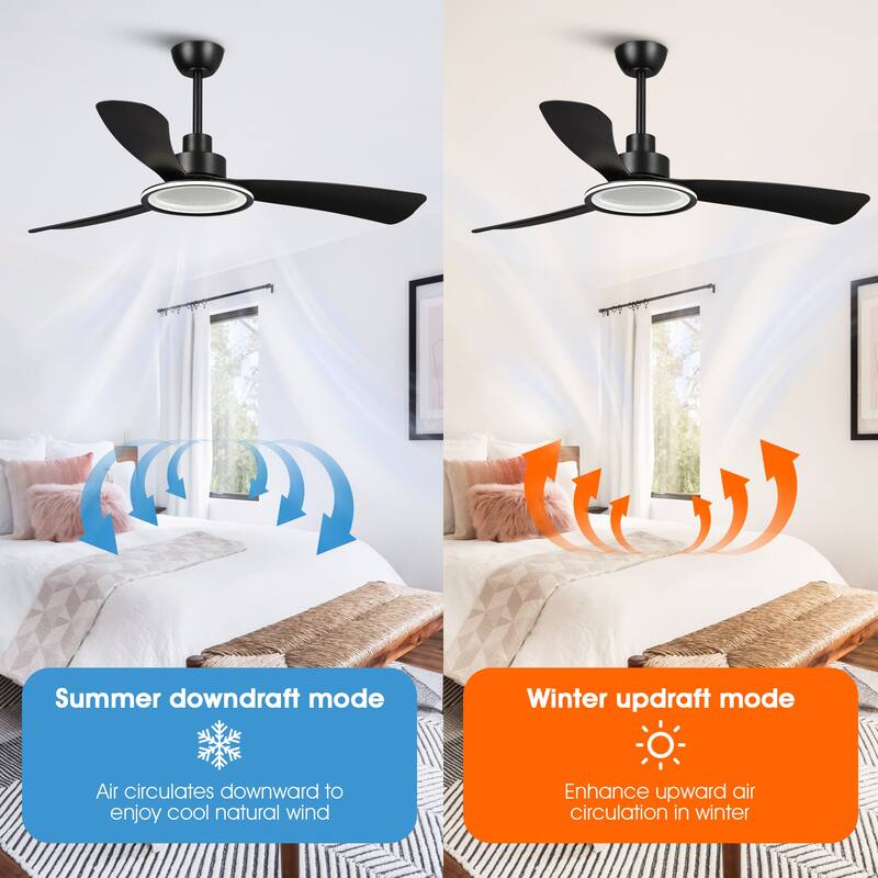 52-inch Black ABS 3-Blade Modern Propeller LED Ceiling Fan with Remote - 52 inches