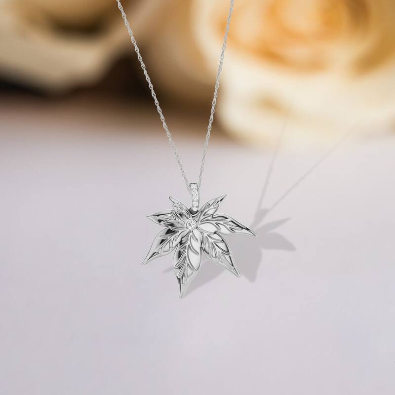 1/20ct TDW Diamond Maple Leaf Pendant Necklace in Silver for Women - White