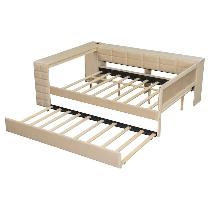 L-shaped Bed Frame with Desk,Shelves,Charging Station,and Optional Upholstered Sofa Bed with Trundle or Wood Daybed with Drawers
