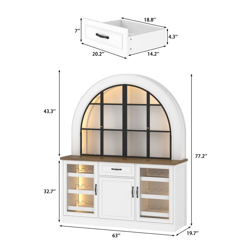 63" Arched Bar Cabinet with LED Lights Wine Bar Cabinet with Glass Doors, Liquor Storage Cabinet with Wine Rack