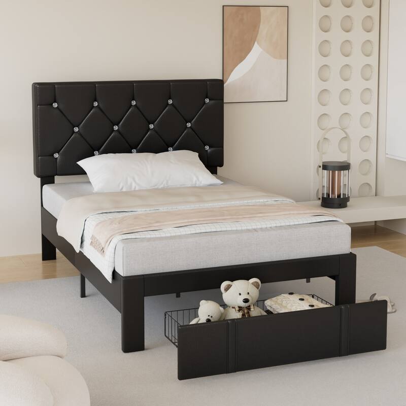 Javlergo Twin/Full/Queen Size Bed Frame with Headboard Upholstered Tufted PU Leather Platform Bed Frame with 4 Storage Drawers