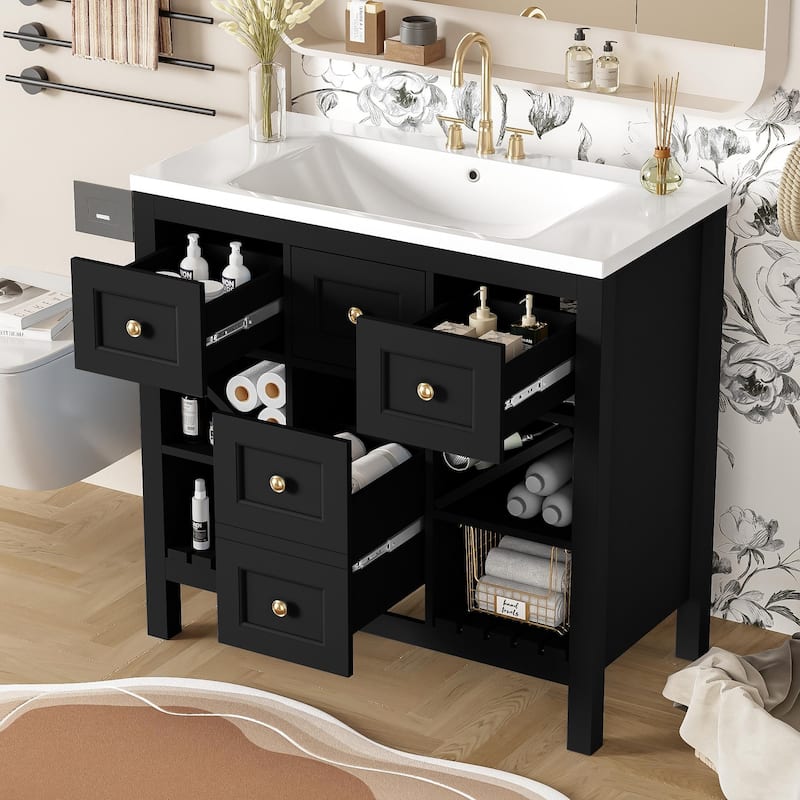 Modern 36" Bathroom Vanity with Resin Sink, 5 Drawers, Soft-Close Doors, Solid Wood Frame for Bathroom Storage