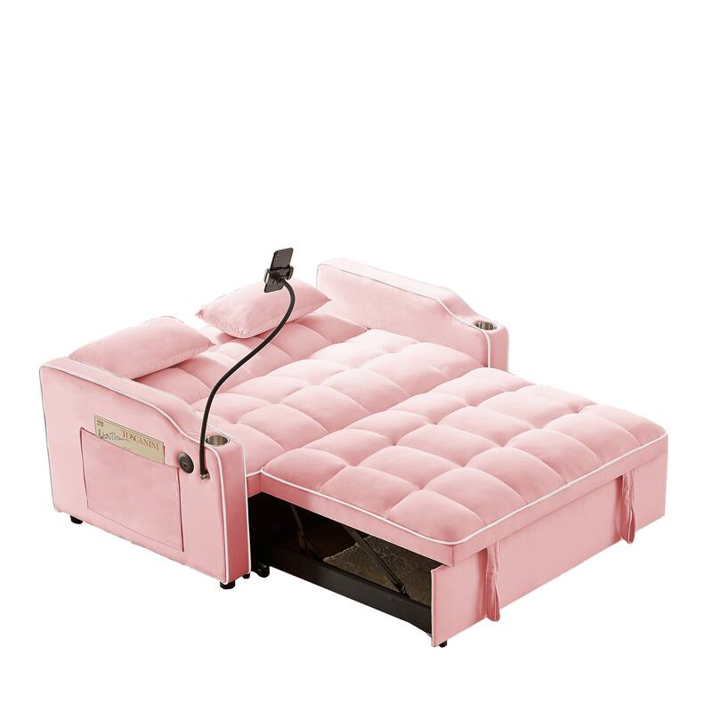Versatile Foldable Sofa Bed in Pink, Solid Wood+MDF+Resin, Adjustable Back, USB Port, Phone Stand
