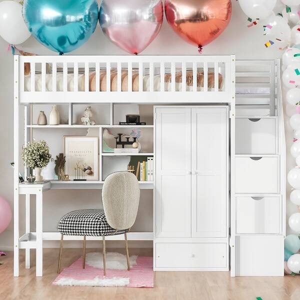 slide 2 of 9, Modern Twin Size Loft Bed With Bookshelf,Drawers,Desk And Wardrobe,Solid Construction White