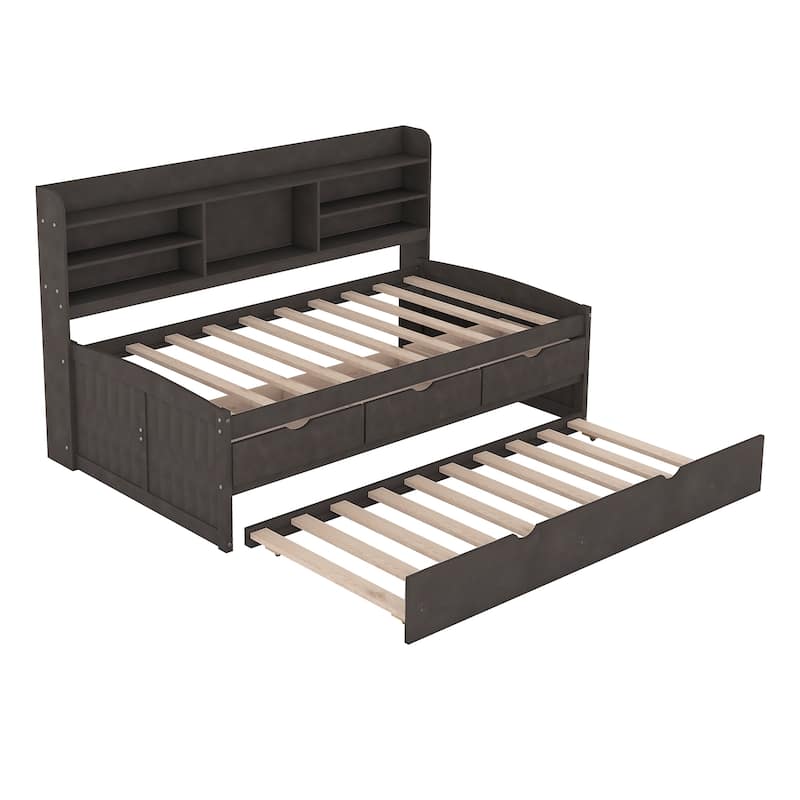 Twin Wooden Captain Platform Bed with Bookshelves & Trundle