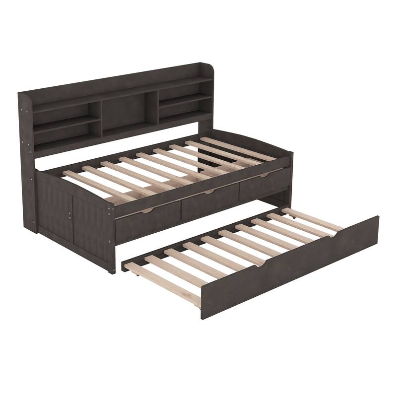 Wooden Captain Bed Platform Bed Frame with Rectangular Storage Headboard Built-in Bookshelves, 3 Storage Drawers and Trundle