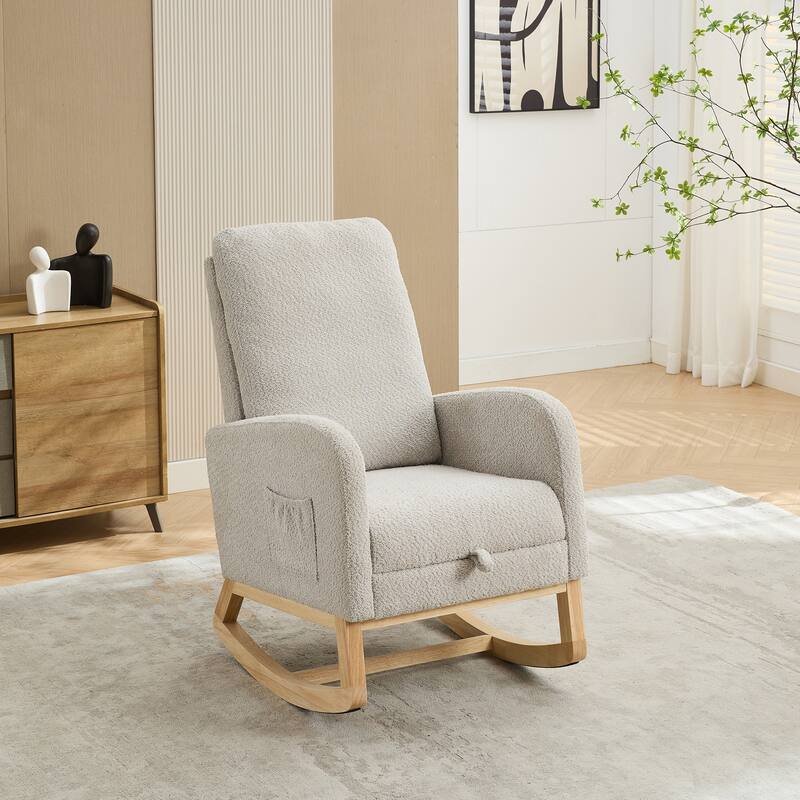25.4"W Rocking Chair, High Back Glider Chair with Retractable Footrest, Side Pocket, Rocking Accent Armchair with Wood Legs