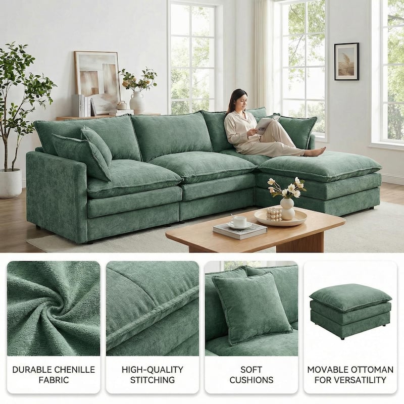 Homy Casa 102" L-Shaped Modular Sectional Sofa Movable Ottoman, Cloud-Style Chenille Couch, DIY Combination for Living Room Tray