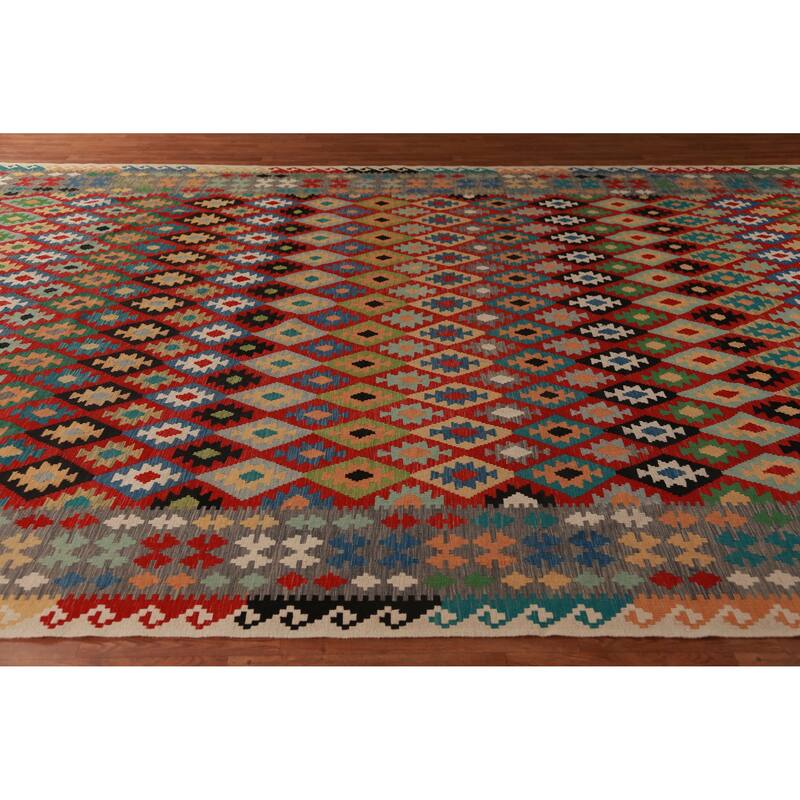 Geometric Multi-Color Kilim Oriental Large Rug Flatweave Wool Carpet - 10'0"x 16'1"